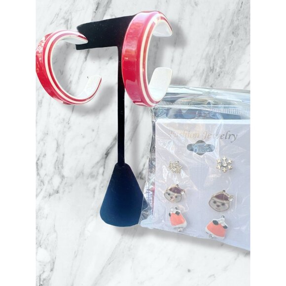 Red & White Acrylic Hoop Earrings With Matching Winter-Themed Stud Set For Women - Picture 1 of 6